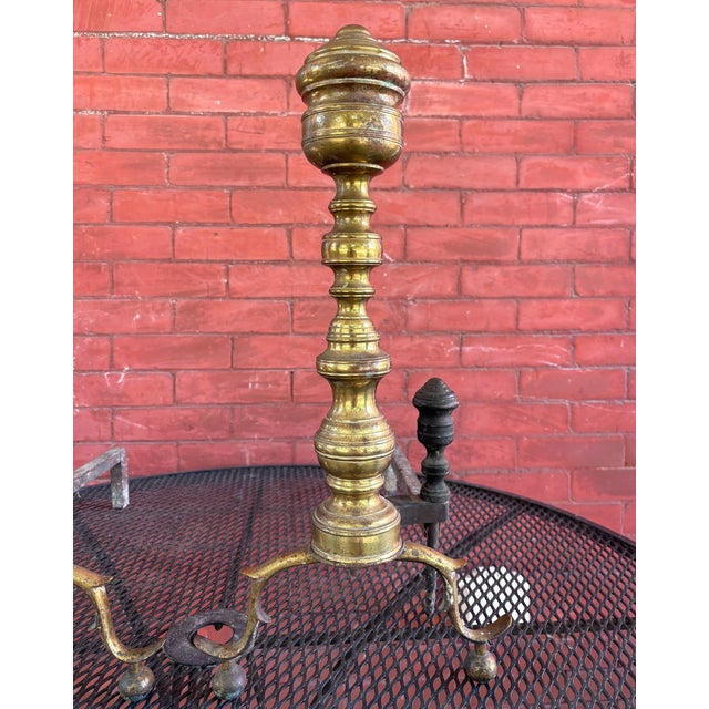 English Antique Brass and Iron Fireplace Andirons - Pair For Sale - Image 3 of 8