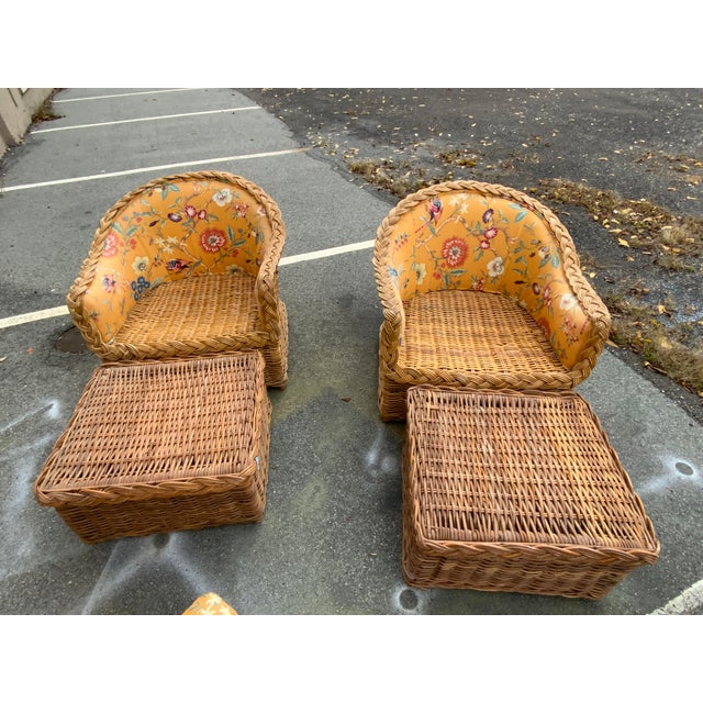 Boho Chic 20th Century Kreiss Pair of Wicker Chairs and Ottomans For Sale - Image 3 of 11