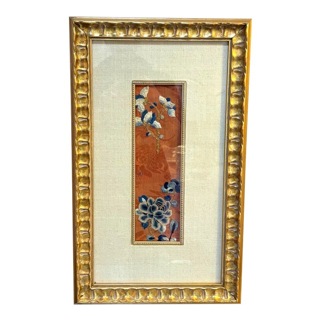 Early 20th-Century Embroidered Silk Panel in Giltwood Frame For Sale