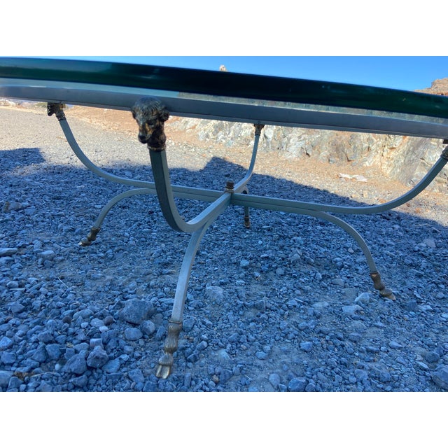 Vintage Maison Jensen Style Steel and Brass Hoof and Ram's Head Glass Coffee Table For Sale - Image 13 of 16