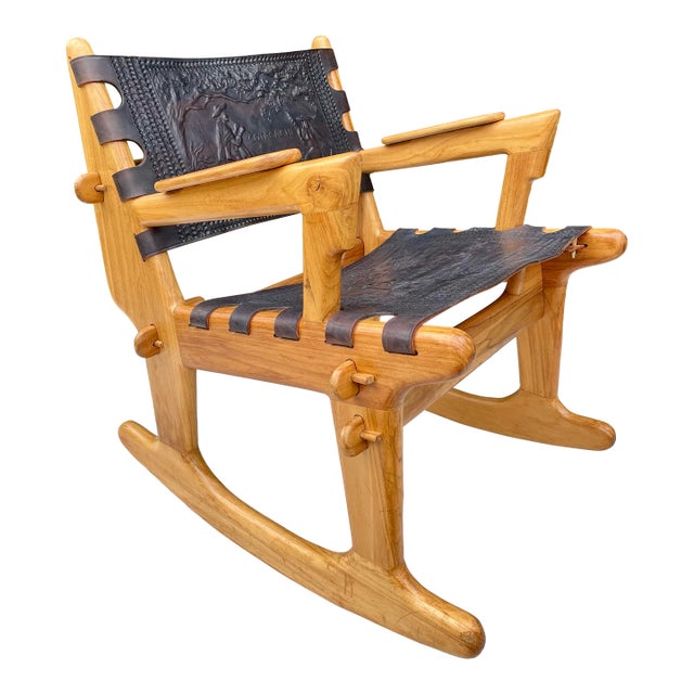Mid-Century Modern Angel Pazmiño "Cotacachi" Hand-Tooled Leather Rocking Chair For Sale