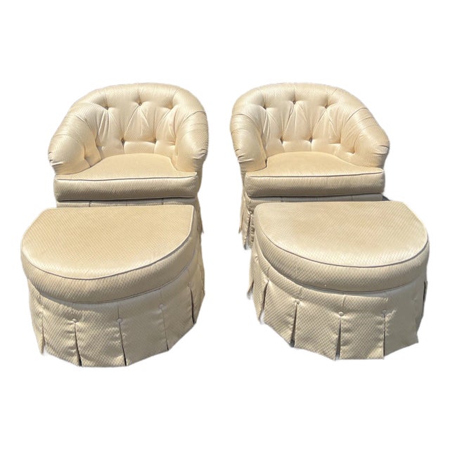 Pair of Ethan Allen Club Chairs with Marching Ottomans. Cream silk like upholstery with incredible tailored detail with...