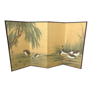 Mid 20th Century Asian Hand Painted Silk 4-Panel Folding Screen With Red Signature Stamp For Sale