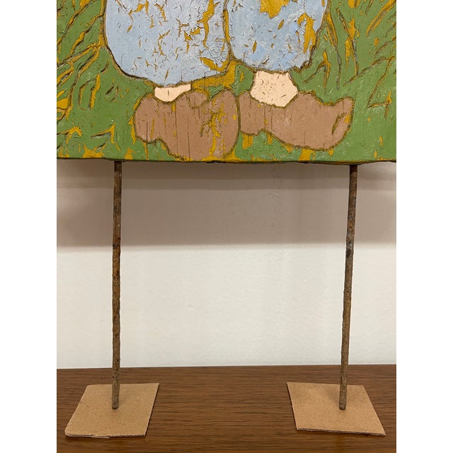Vintage Folk Art Painted Wood Garden Figure Sculpture on Stand, Hand Carved Decorative Cutout For Sale - Image 12 of 12