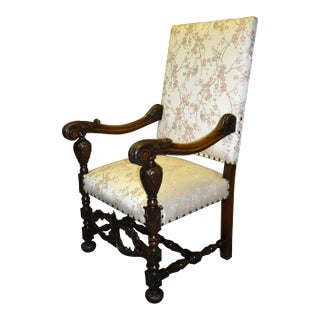 Carved Walnut Armchair French Style High Back Vintage Upholstered Floral Chair For Sale