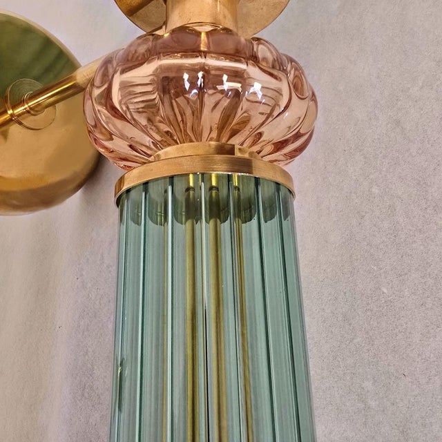 1990s Mid Century Modern Green and Amber Murano Glass Sconces - a Pair For Sale - Image 9 of 11
