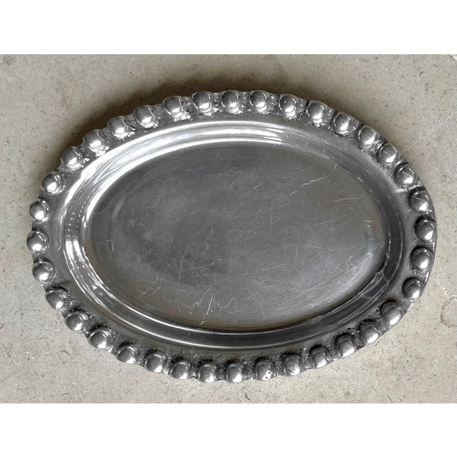 Circa 1980 Beaded Rim Byzantine-Inspired Mexican Pewter Oval Bowl & Underplate Set For Sale - Image 17 of 18