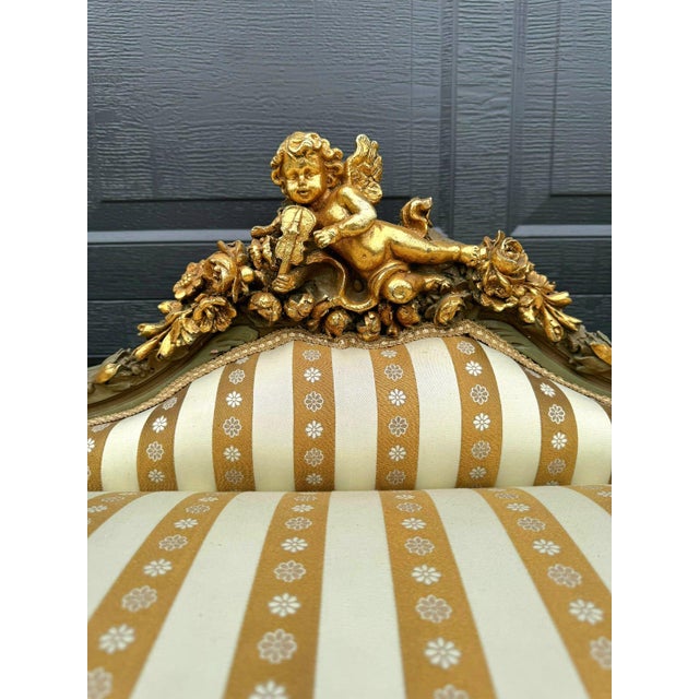 French Style Golden Settee – Damask Upholstery With Gold Leaf Details For Sale - Image 9 of 10