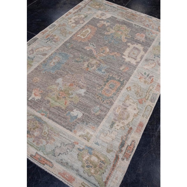 Modern Turkish Oushak Rug Charcoal, Aqua & Coral Hand-Knotted Wool Rug 4' X 6' For Sale - Image 3 of 9
