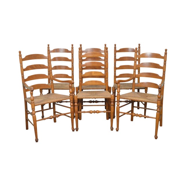 Ethan Allen Nutmeg Set of 6 Rush Seat Ladder Back Maple Dining Chairs