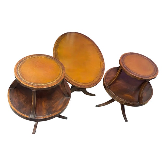 Maitland-Smith British Colonial Style Mahogany & Tooled Leather Table Set, a Complete Set of 3 For Sale