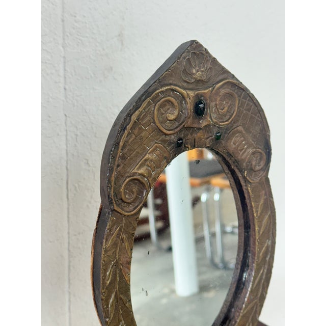 French Antique French Repoussé Metal Table Mirror With Green Glass Accents, C. 1900–1930 For Sale - Image 3 of 9