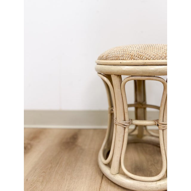 Vintage Lightwash Rattan Stool Woven Wicker Seat Coastal Hollywood Regency For Sale - Image 4 of 7