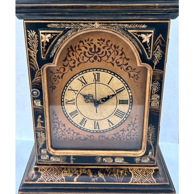 Black Vtg. Reproductive Chinoiserie Battery Operated Mantel Clock W/Removable Finials For Sale - Image 8 of 14