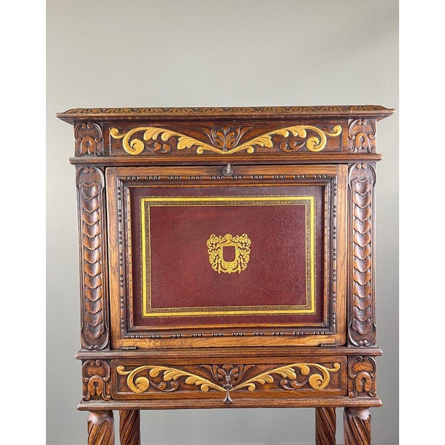 Wood 19th Century Neo-Renaissance Carved and Polychrome Wooden Secretary Desk For Sale - Image 7 of 13