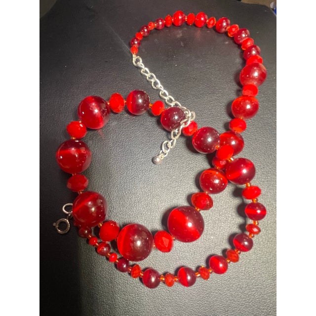 1960s Red Cats Eye Lucite Beads Interspersed With Cherry Red Faceted Glass For Sale - Image 4 of 5