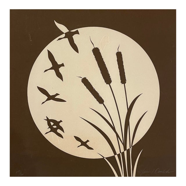 1970s James Omohundro Flying Duck and Cattails Serigraph For Sale