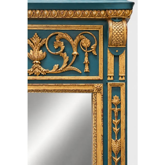 1960s Monumental Italian Neoclassical Louis XVI Style Blue & Giltwood Trumeau Wall Mirror For Sale - Image 5 of 9