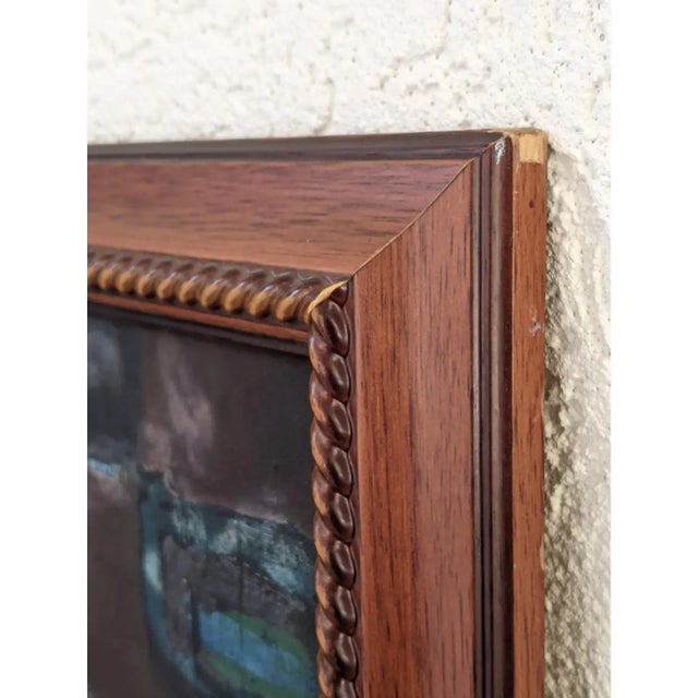 Vintage Modernist Brutalist Construction Scaffolding Architectural Building Oil Painting Framed For Sale - Image 11 of 12