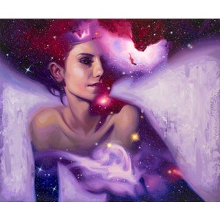 Stardust II by Rob Rey | Oil Painting of a woman surrounded by cosmic elements and stars For Sale