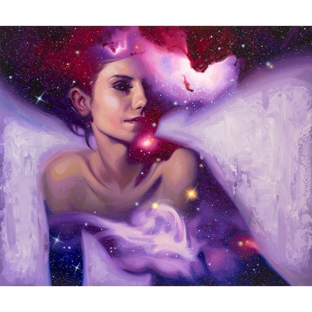 Stardust II by Rob Rey | Oil Painting of a woman surrounded by cosmic elements and stars For Sale