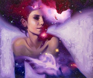 Stardust II by Rob Rey | Oil Painting of a woman surrounded by cosmic elements and stars
