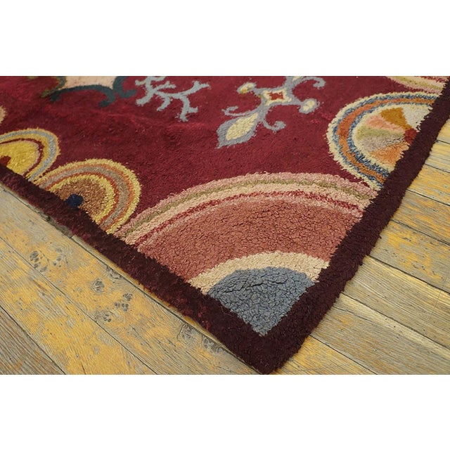 1920s Red Floral Folk Art Antique American Hooked Rug 2'6" X 4'6" Knotted Wool Carpet For Sale - Image 4 of 5