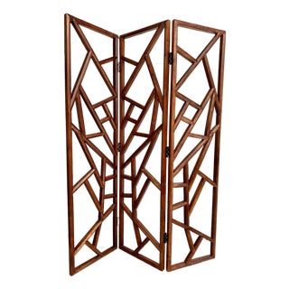 Organic Modern Geometric Wood Three-Panel Folding Screen Room Divider For Sale