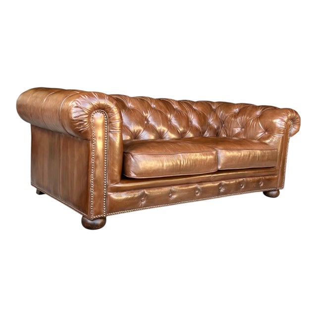 Vintage Chesterfield Tufted Leather Sofa, Fully Restored With Brass Nail Head Trim For Sale - Image 11 of 11