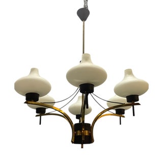 Vintage Brass and Opaline Glass Six-Light Chandelier, 1950s For Sale