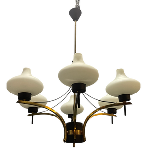 Vintage Brass and Opaline Glass Six-Light Chandelier, 1950s