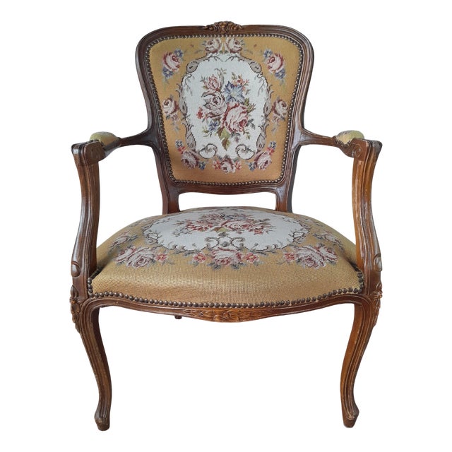 Dutch Louis XV Style Armchair with Embroidered Seat, 1930s For Sale