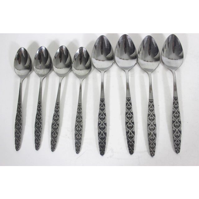 1960s Malta Japanese Mid Century Modern 4 Piece Setting for 4 Stainless Steel Black Detail Matching MCM Spoons Forks Knives 16 Pieces For Sale - Image 6 of 10