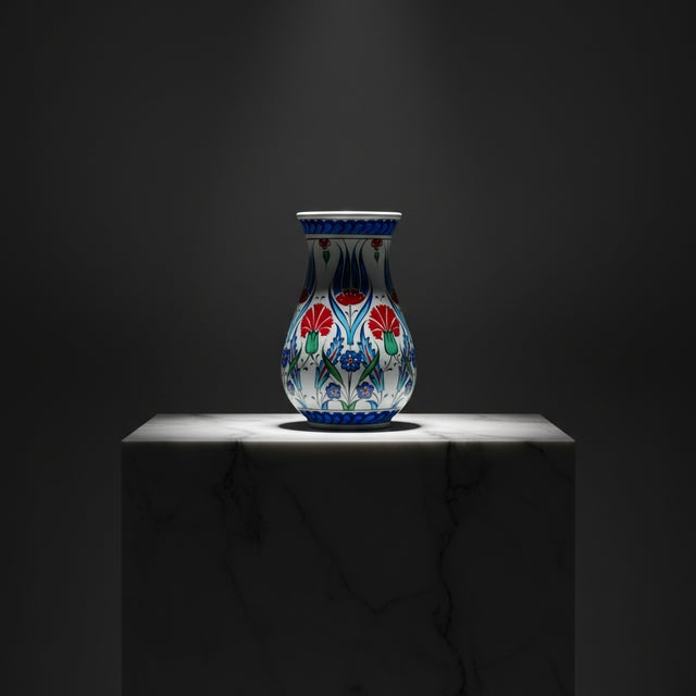 Red Handmade Ceramic “Pear” Vase (20cm) – Red Carnations & Blue Tulips – Classic Armudi Form For Sale - Image 8 of 8