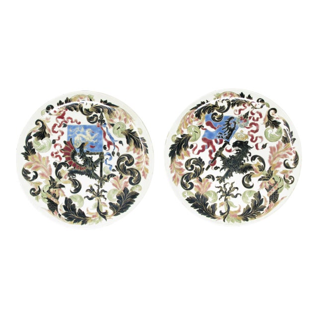 Antique Rudolph Ditmar of Znaim Austria (Rdk) Decorative Wall Plaques or Plates With Polychrome Eagles & Flags - a Pair For Sale