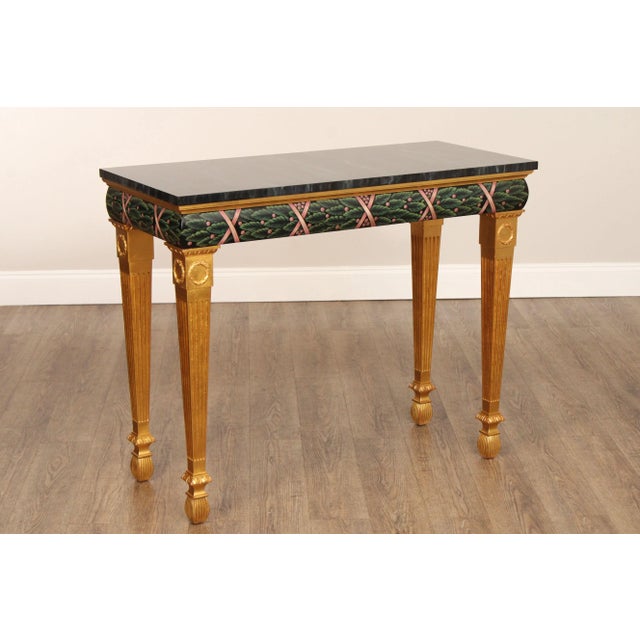 High Quality American Made Faux Marble Top Console or Sofa Table with Gold Painted Base and Acanthus Painted Apron