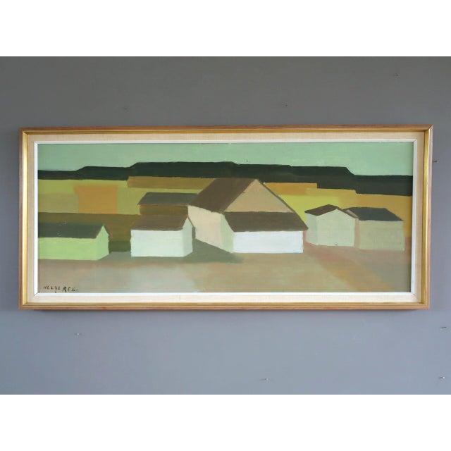 GOLDEN FIELDS Size: 19.1 x 42.5 inches (including frame) Oil on canvas A serene mid-century modern landscape that presents...