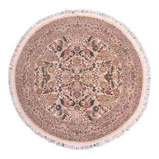 Shabby Chic 1990's Floral Pak-Persian Beige/Pink Wool Round Rug- 8'10'' X 9'1'' For Sale
