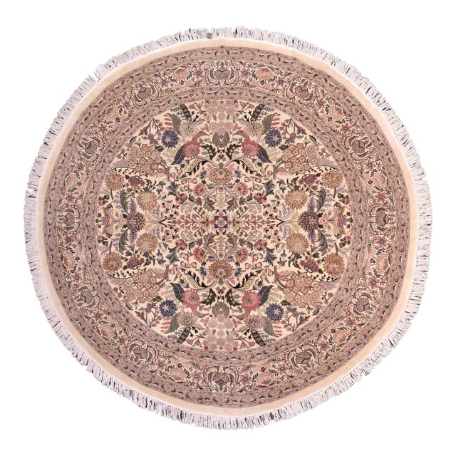 Shabby Chic 1990's Floral Pak-Persian Beige/Pink Wool Round Rug- 8'10'' X 9'1'' For Sale