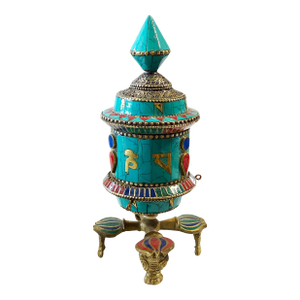 Nepalese Brass W/ Turquoise/Coral/Lapis Stones Table Top Prayer Wheel