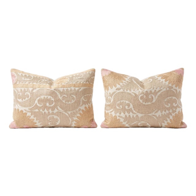 Beige Faded Suzani Bedding Pillow Cover 21'' X 29'' - Set of Two For Sale