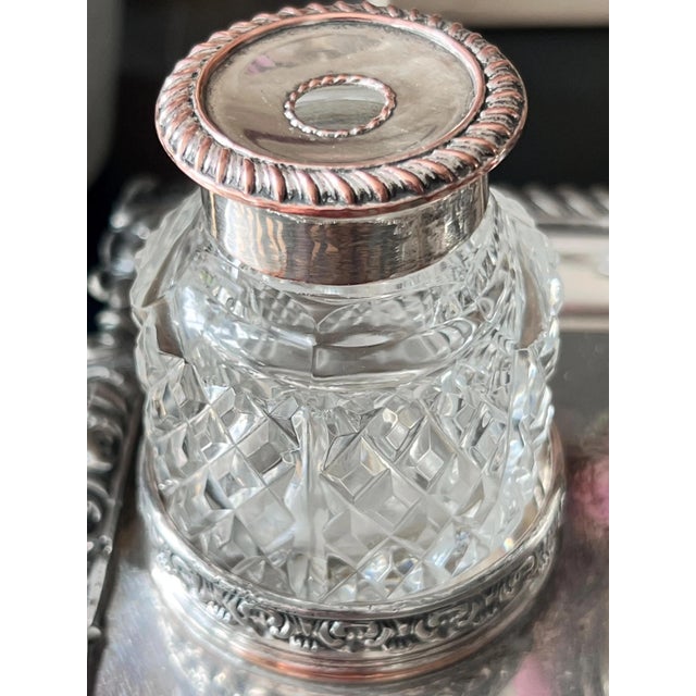 Set of 4, Antique silverplate inkwell stand with crystal diamond cut inkwells // pen and ink // desk accessory // silver on copper For Sale - Image 10 of 15
