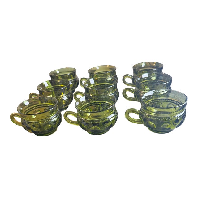 Vintage Mid-Century Modern Indiana Glass Kings Crown Thumbprint Avocado Green Coffee / Punch Cups Set of 9 For Sale