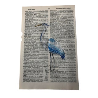 "Great Blue Heron" Contemporary Original Colored Pencil Drawing on Vintage Dictionary Page For Sale