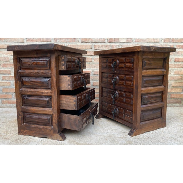 Wood Spanish Nightstands with Four Drawers and Iron Hardware, 1950s, Set of 2 For Sale - Image 7 of 18