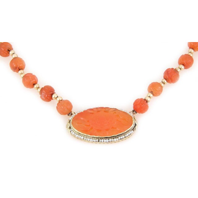 Contemporary Vintage Carnelian Seed Pearls Oval Pendant 14k Gold Carved Bead Necklace For Sale - Image 3 of 7