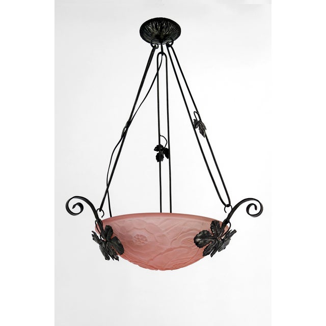 Suspension Light in Wrought Iron with Vine Decoration & Pressed-Molded Pink Glass Bowl with Geometric Floral Patterns, France, 1930 For Sale - Image 12 of 12
