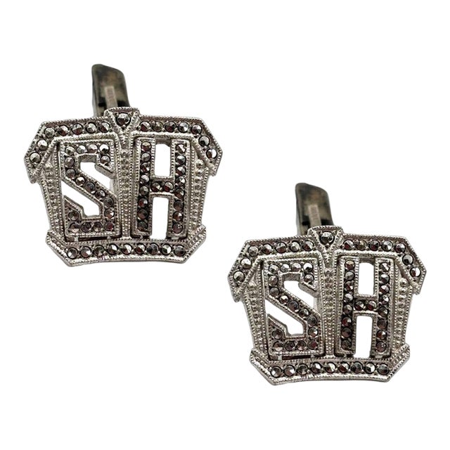 Modern Sterling Silver & Marcasite Cufflinks W/ "Hs" Mono by Kimmler & Daniel For Sale