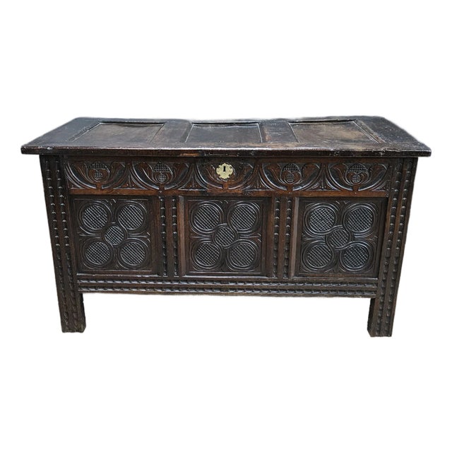 Early 19th Century Period Oak Carved 3 Panel Coffer/Trunk For Sale