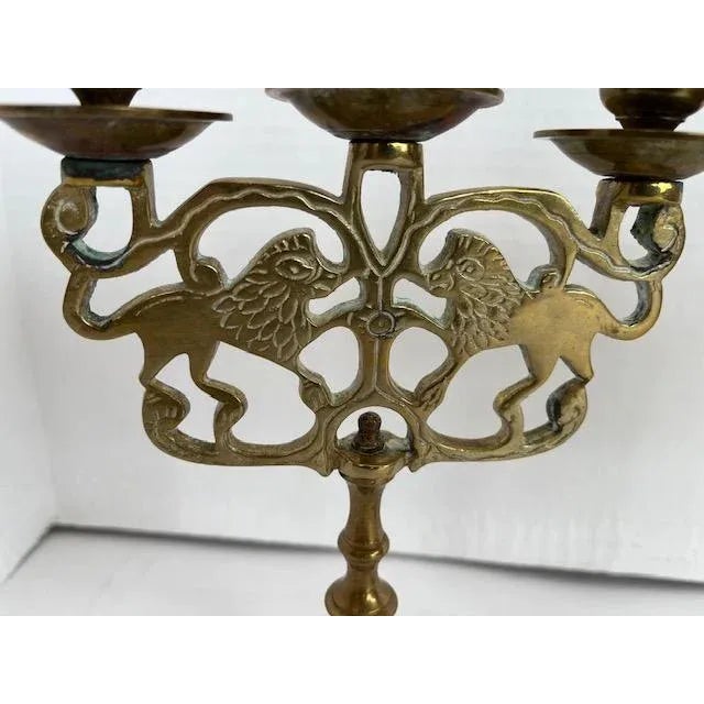 Traditional Brass Three Light Candle Holders For Sale - Image 3 of 5